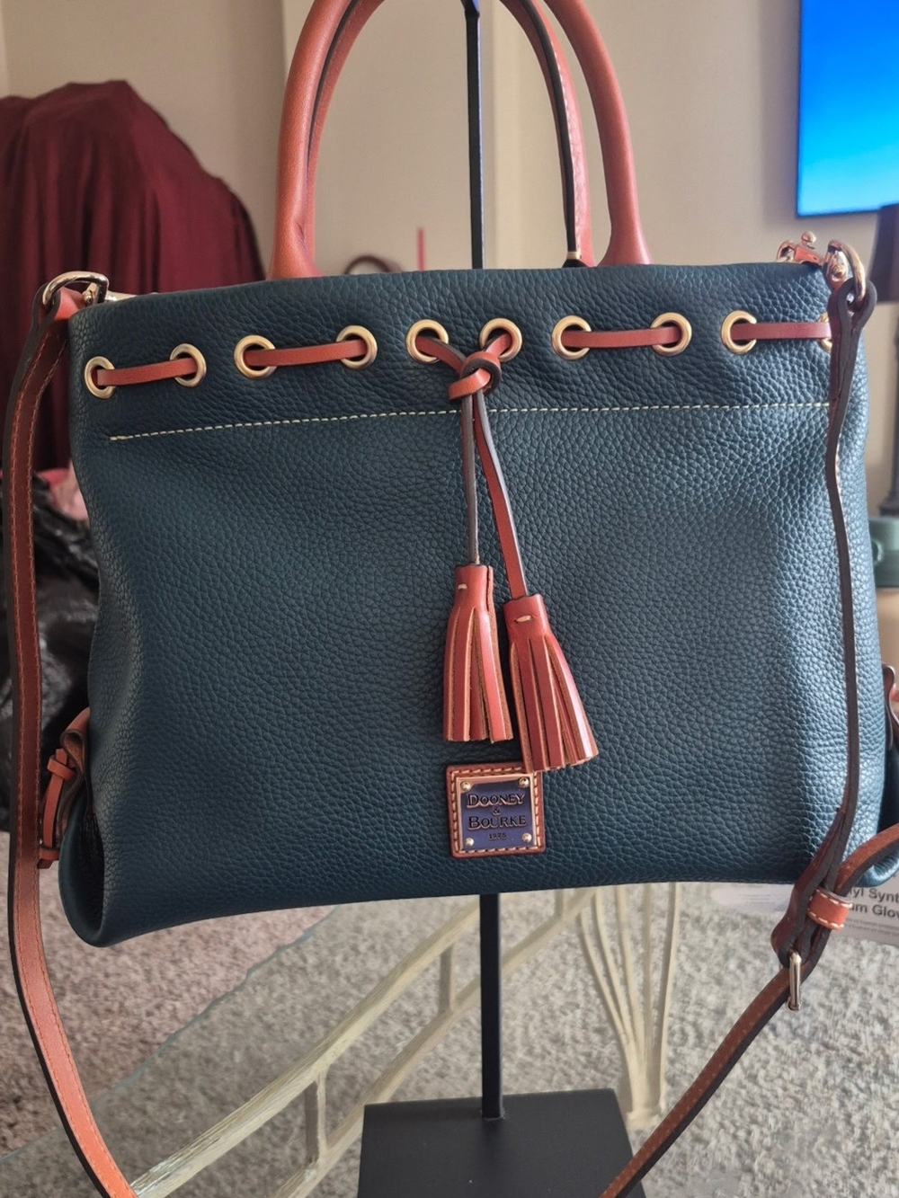 Dooney & Bourke Deep TEAL Pebble Leather Drawstring Satchel with Tan Trim